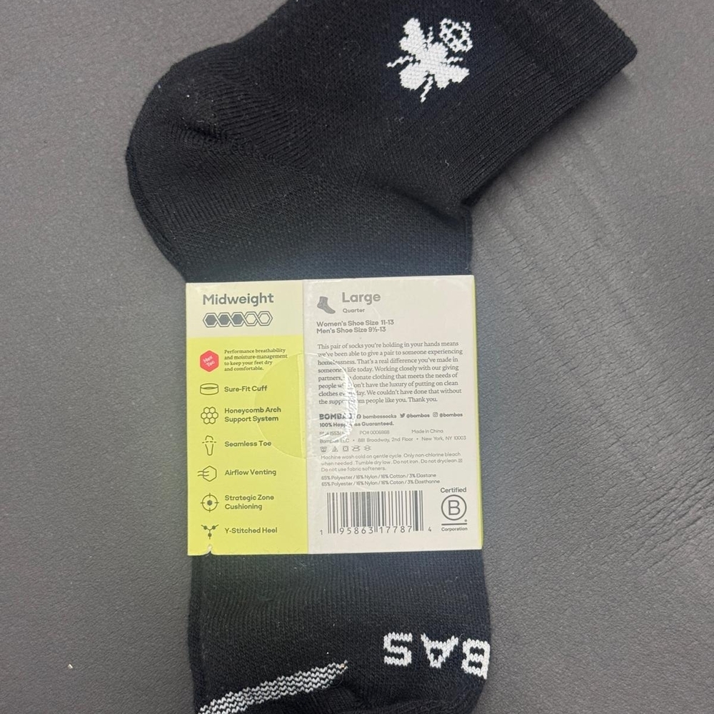 Bombas Black Midweight Socks All Performance Hec Tex Size Large - Picture 6 of 6